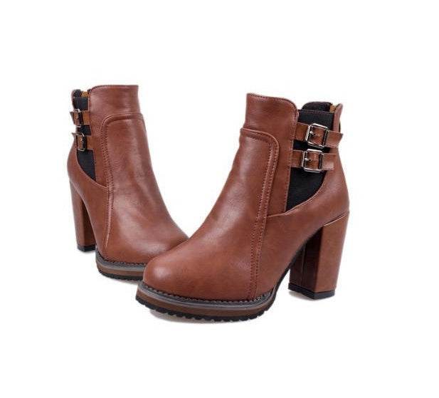 British retro thick with belt buckle boots high heel elastic women's booties - Mubimart