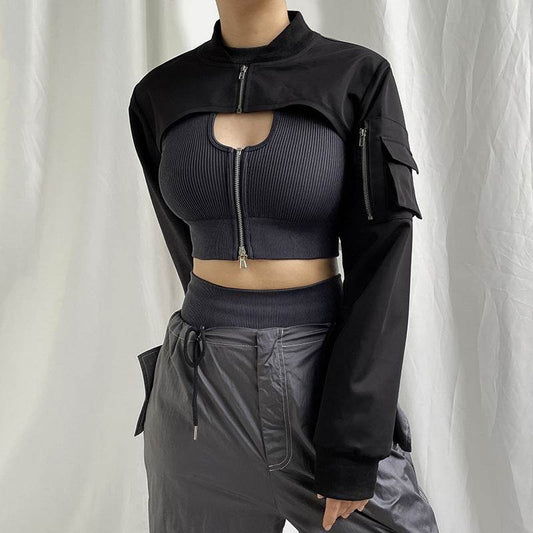 Workwear Style Zipper Short Blouse - Mubimart