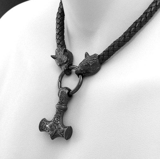 Mens Fashion Leather Necklace Compiled With Hammer Shape Pendant - Mubimart