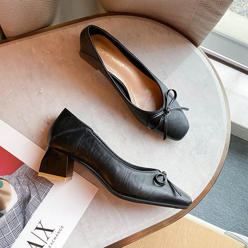 Women's Thick Heel Pumps Soft Leather Shoes - Mubimart