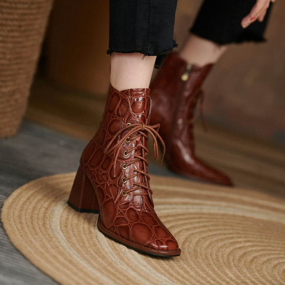 Women's Thick Heel Martin Boots Lace Up High Heels - Mubimart