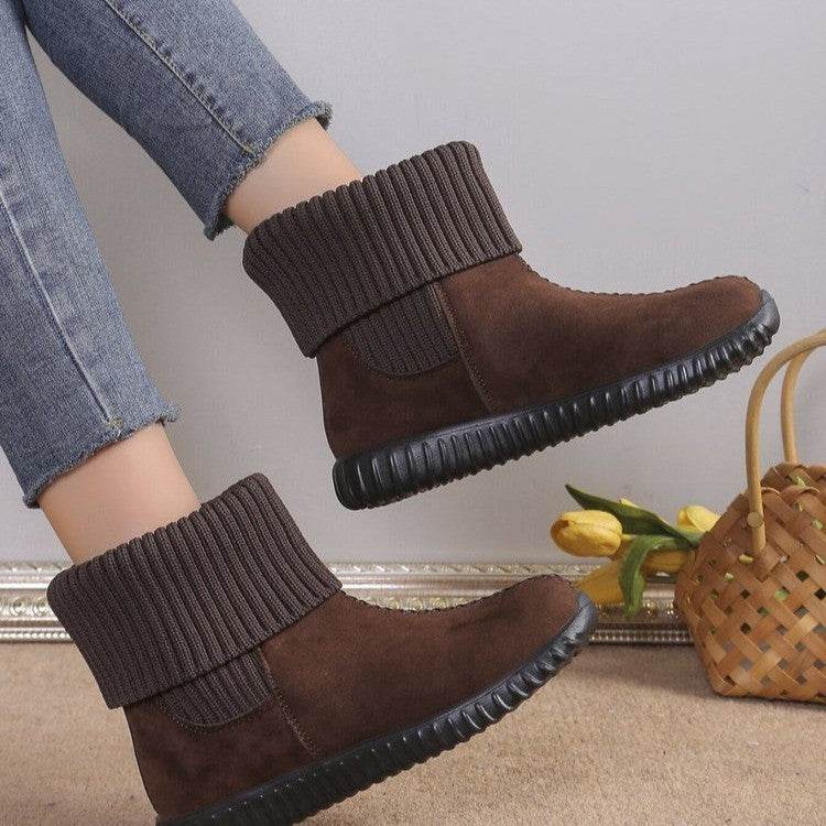 Flat Ankle Boots With Reversible Knitted Design Winter Fashion Comfortable Snow Boot For Women Shoes - Mubimart