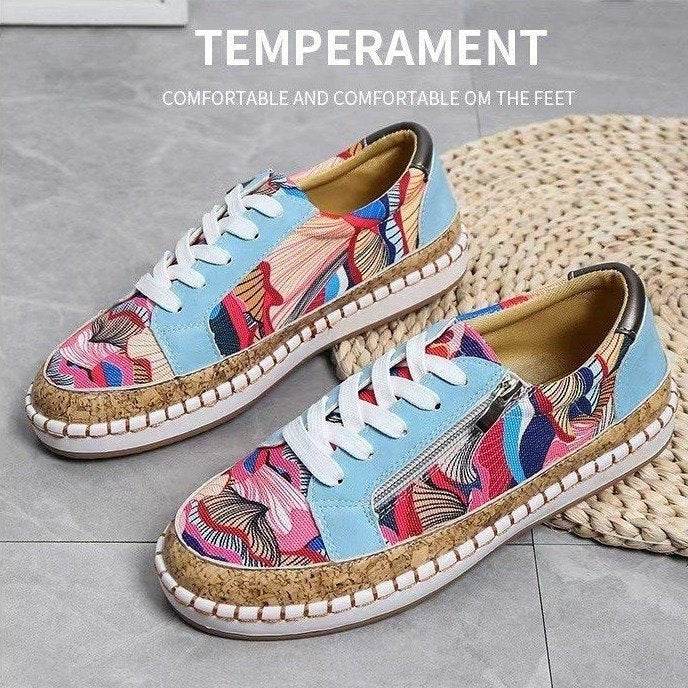 Ethnic Style Printed Flats Shoes Casual Side Zip Slip-on Shoes Loafers Women - Mubimart