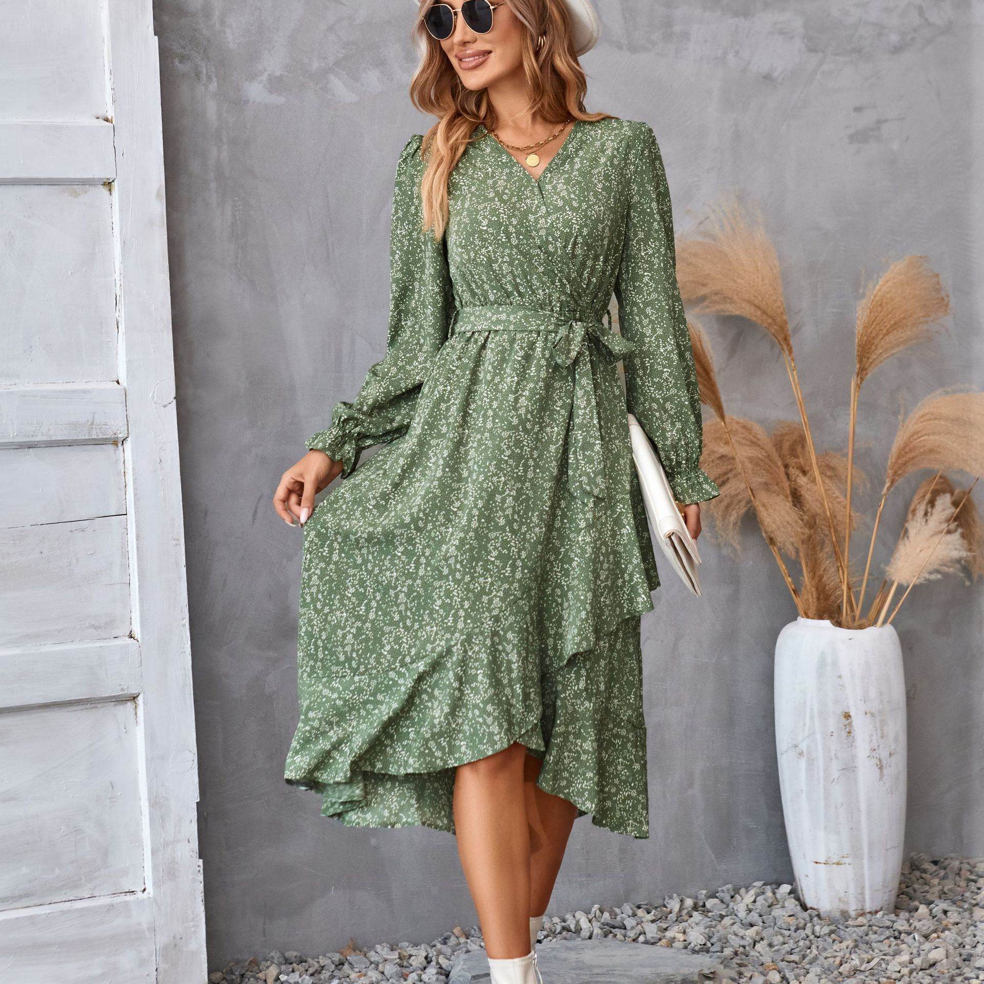 Flowers Print Long Sleeve Dress Fashion Ruffled Commuter Temperament Dresses Womens Clothing - Mubimart
