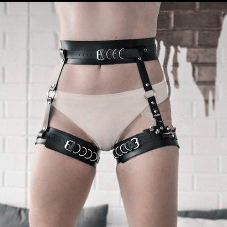 Leather Waist Leg Ring Integrated Garter Belt - Mubimart