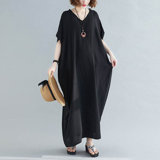 Plus Size Women's Bohemian V-neck Cotton Dress Solid Color Robe - Mubimart