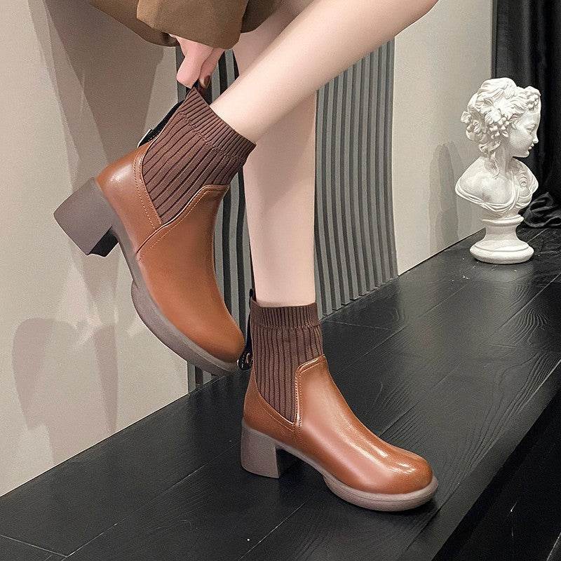 Women's Chunky Heel Square Toe Martin Boots - Mubimart