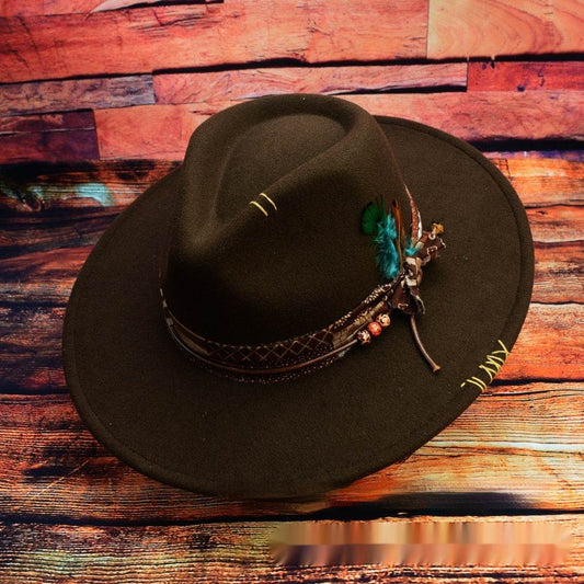 Western Original Design Manual Sewing Needle Woolen Felt Hat High-end And Fashionable Feather Model Fedora Hat - Mubimart