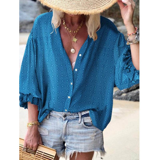 Small dot casual button down blouse for women - Mubimart