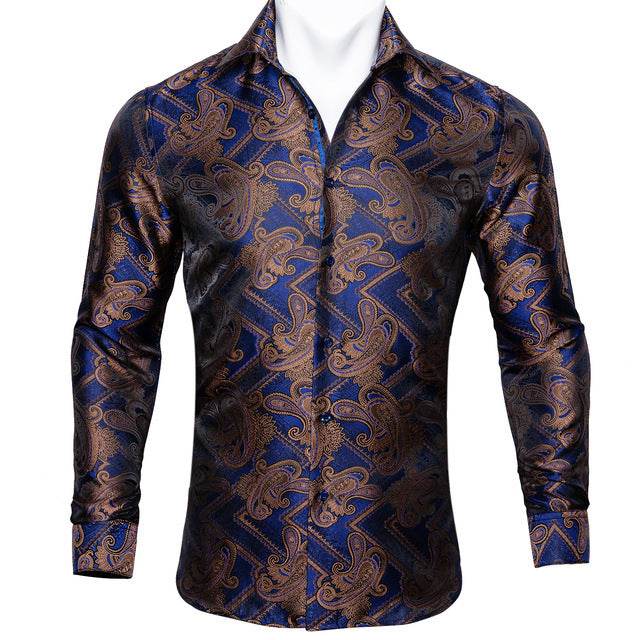 Barry.Wang Teal Paisley Floral Silk Shirts Men Autumn Long Sleeve Casual Flower Shirts For Men Designer Fit Dress Shirt BCY-05 - Mubimart