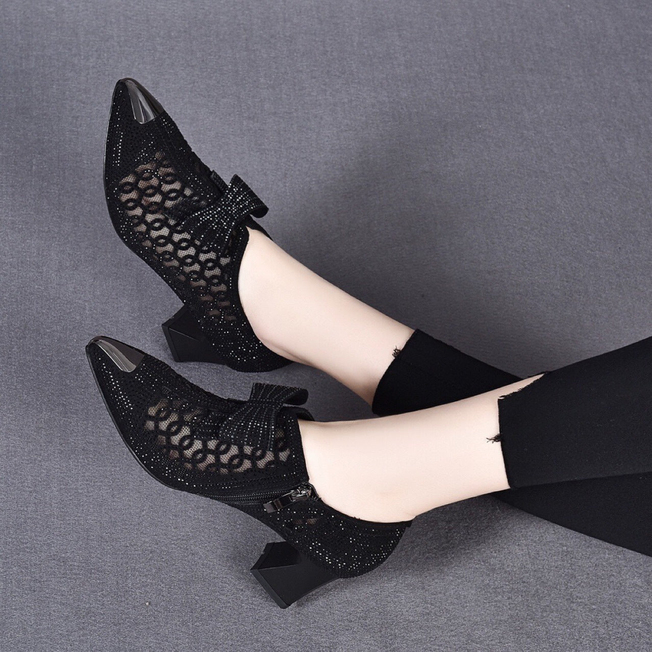 Block-heel Mid-high-heel Pointed Black Zipper Sandals