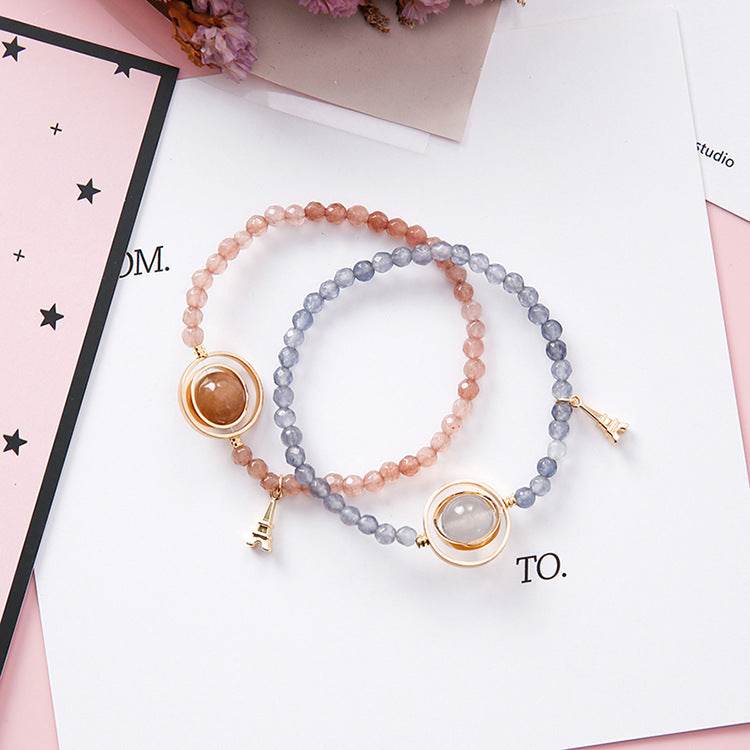 Sweet Simple Hollow Geometric Round Circle Crystal Beaded Tower Pendant Bracelet Bangle for Women Girlfriend - Mubimart
