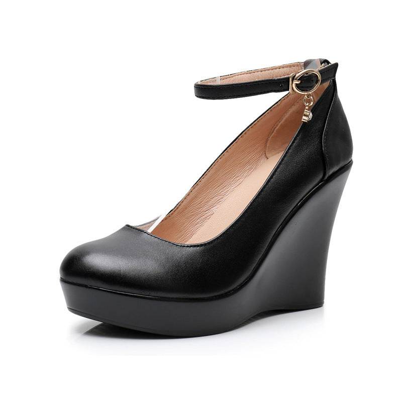 Fashion Ankle Strap High Wedges Platform Pumps For Women Casual Genuine Leather Black Work Shoes High Heels - Mubimart