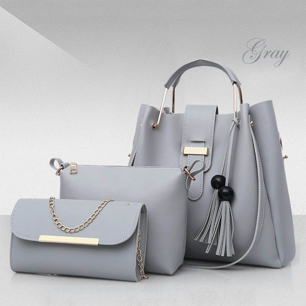 Women 3Pcs Or Set Handbags PU Leather Shoulder Bags Casual Tote Bag Tassel Metal Handle Designer Composite Bags - Mubimart