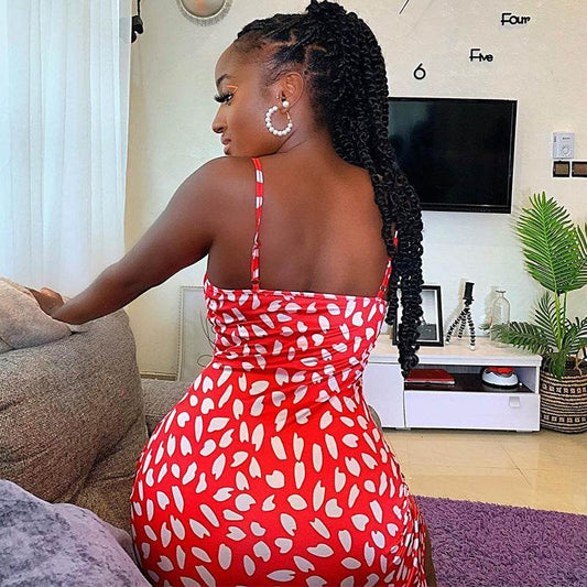 Printed Slip Dress Slit Mid Waist Fitted Dress - Mubimart