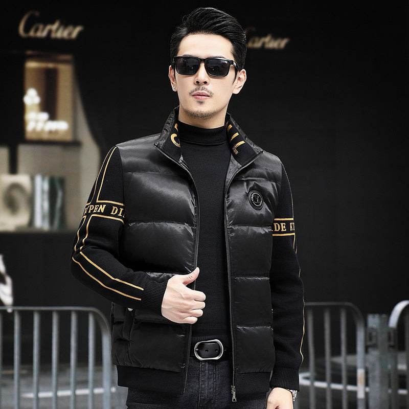 Down Jacket Men's Stand Collar Knitted Sleeve Casual Duck Down Coat - Mubimart
