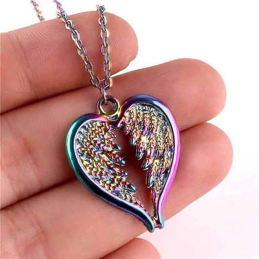Rainbow Necklaces Feather Wing Heart Choker Necklaces - Mubimart