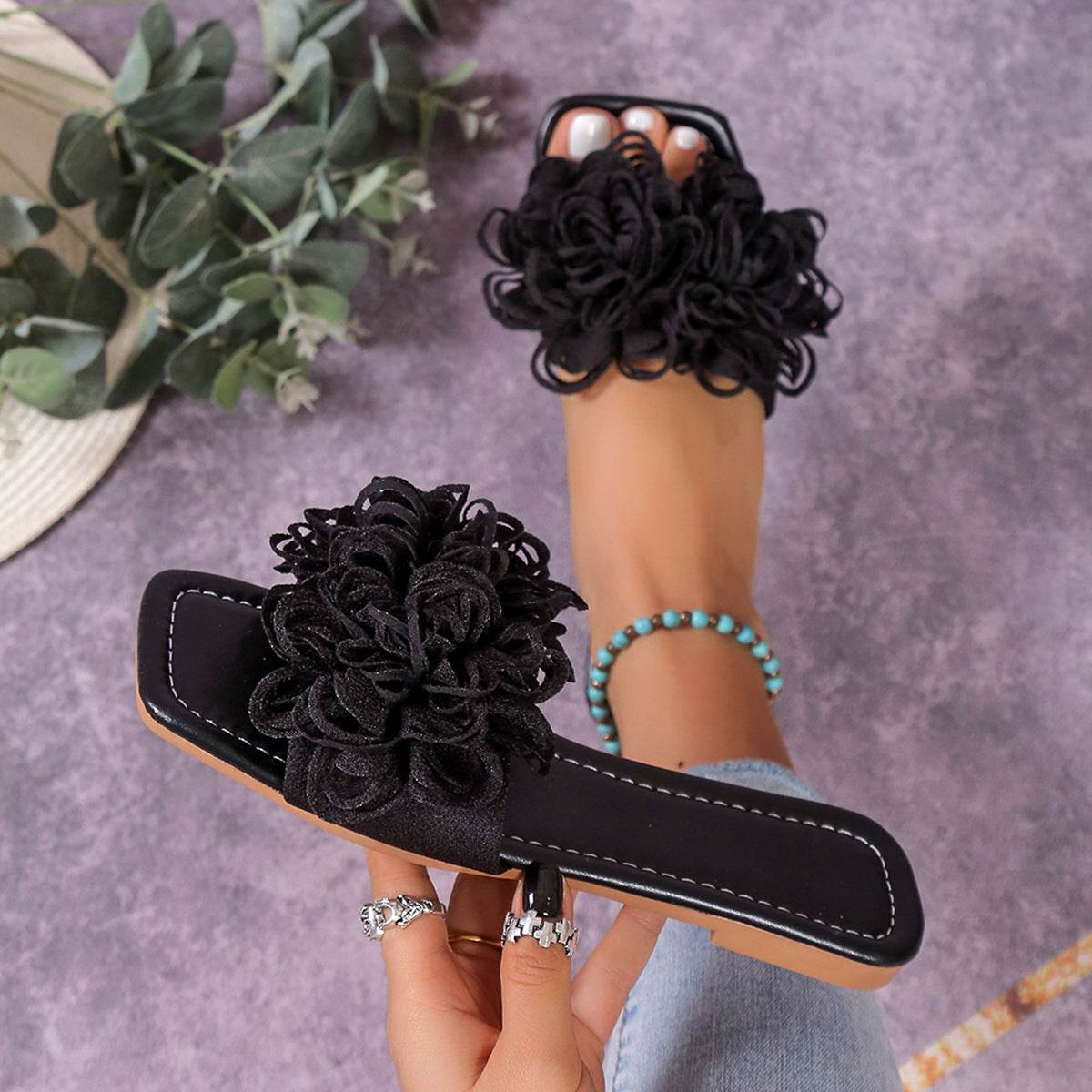 Fashion Flower Flat Slippers For Women - Mubimart