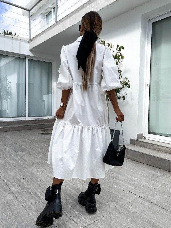 Shirt Lapel Plus Size Loose Swing Dress - Mubimart