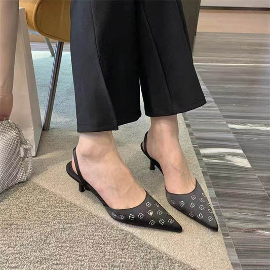 Rhinestone Letters Satin Slingback Pointed-toe Hollowed Stiletto Sexy High Heel Toe Box Sandals - Mubimart