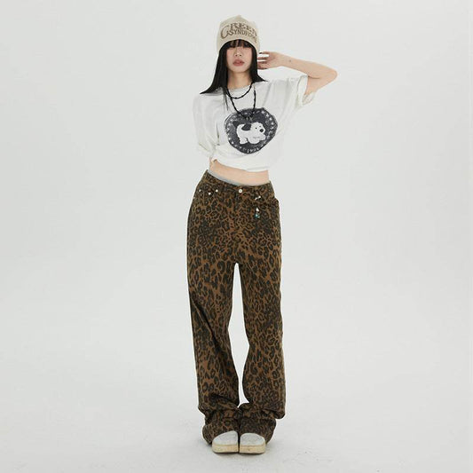 Leopard Jeans Wide Leg Loose Women - Mubimart