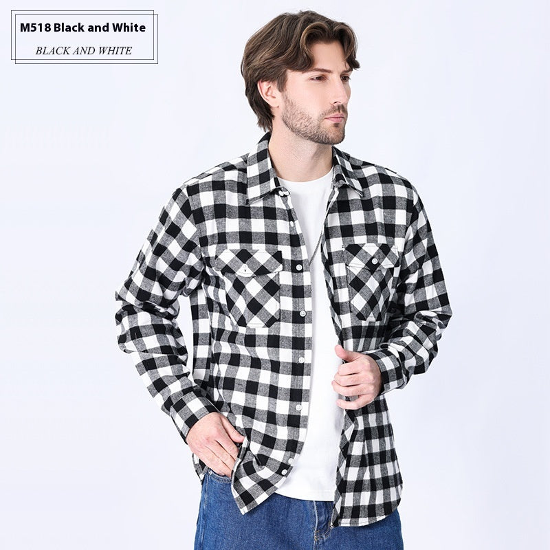 Vintage Flannel Men's Long Sleeve Brushed Plaid Shirt Coat