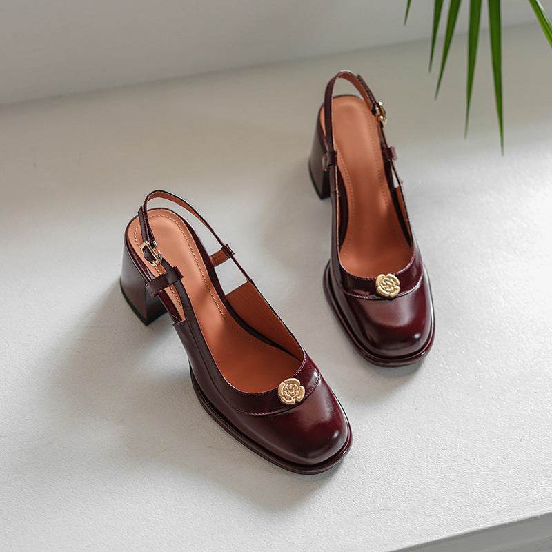 Thick High Heel Cowhide Toe Cap Slingback Sandals Women - Mubimart