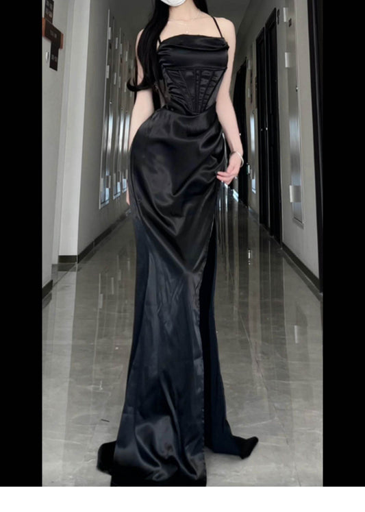 Long Formal Plus Size Black Slit Sling Dress - Mubimart