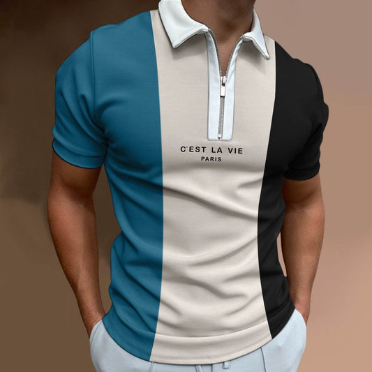 Men's Summer Polo Zipper Color Matching Sports Polo Shirt - Mubimart