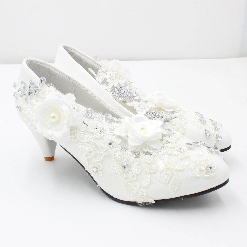 3D Floral White Lace High Heels - Mubimart