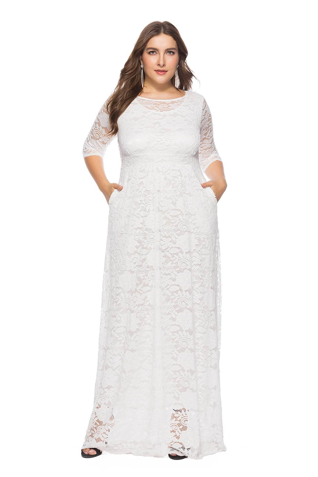 Plus Size Women New Hollow Lace Pocket Dress - Mubimart