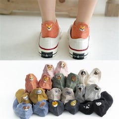 Cute animal cotton low-cut boat socks Ladies embroidery student socks - Mubimart - No show socks 