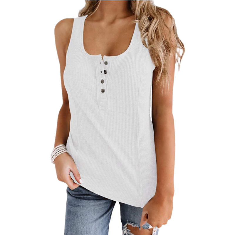 Solid Color Button Sleeveless Tank Top T Shirt Women - Mubimart -  