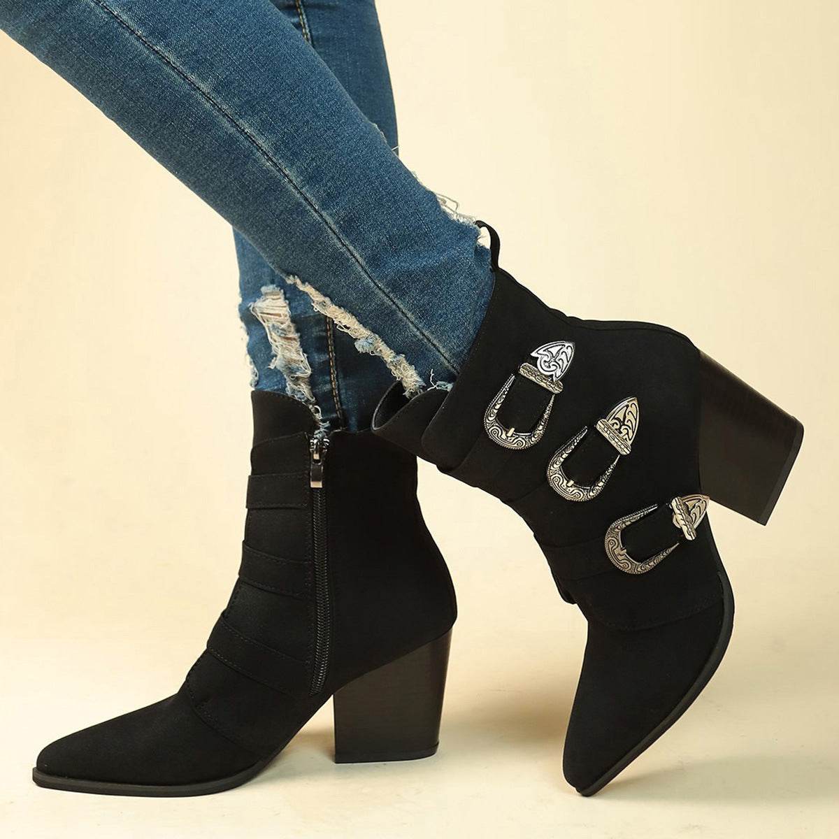 Chunky Heel Pointed Toe Boots With Belt Buckle Design Retro Mid-calf Boot Fashion Fall Winter Shoes For Women - Mubimart