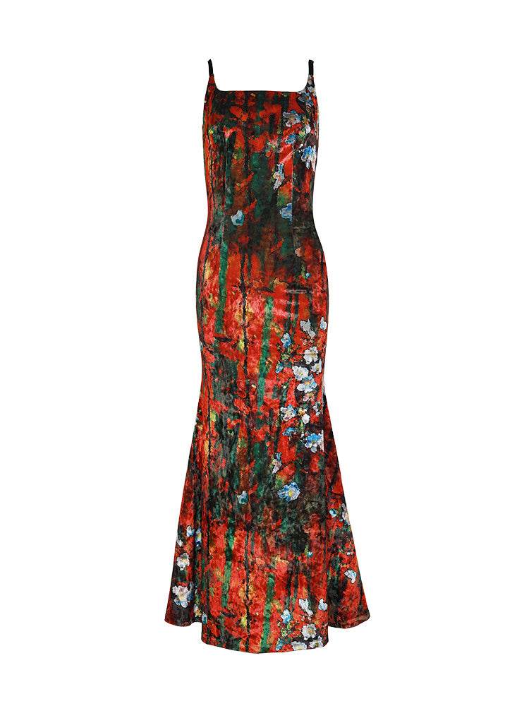 Vintage Ladies Velvet Print Slip Dress - Mubimart