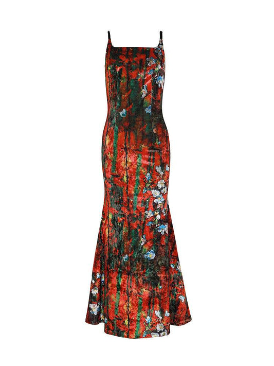 Vintage Ladies Velvet Print Slip Dress - Mubimart