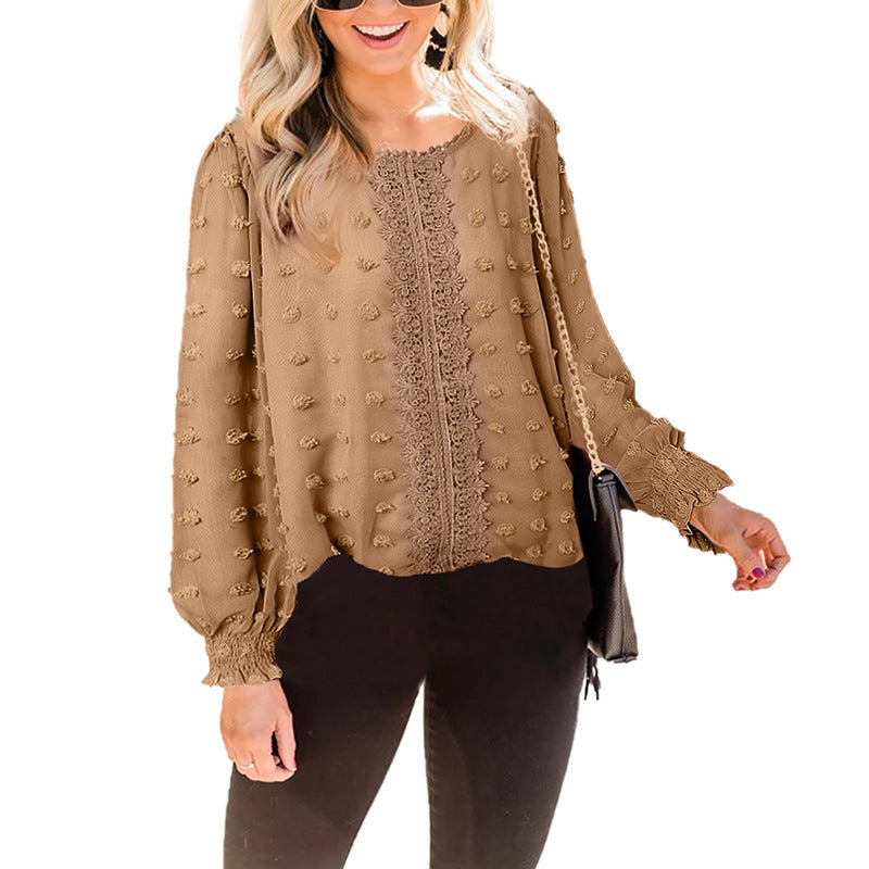 Chiffon Jacquard Lantern Long-sleeved Round Neck Blouse Women