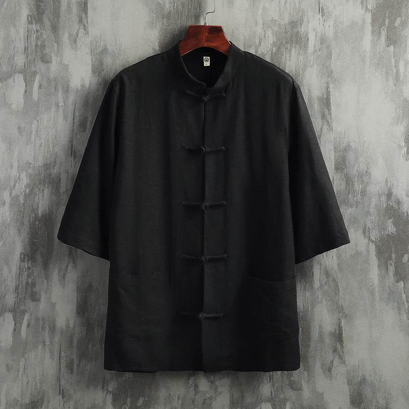 Stand Collar Linen Men's Short Sleeve Cotton Linen Shirt - Mubimart