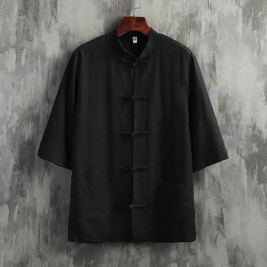 Stand Collar Linen Men's Short Sleeve Cotton Linen Shirt - Mubimart