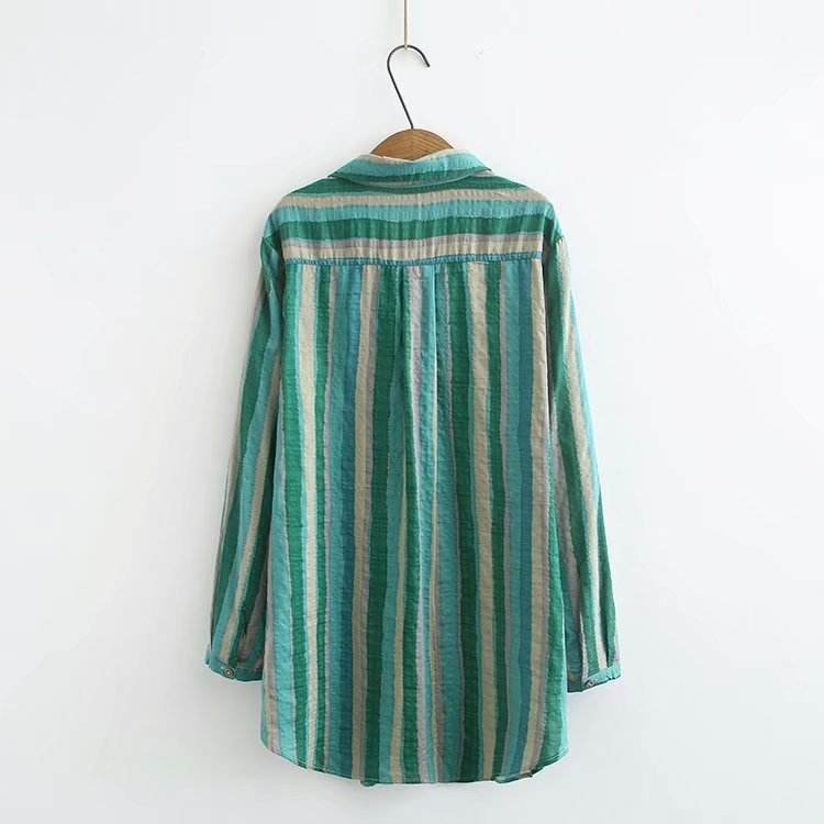 Women Autumn Stripe Lapel Neck Blouses Loose Tops - Mubimart