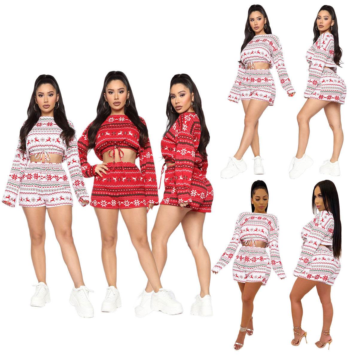 Women Christmas Pajama Sets Long Sleeve Crop Top Shorts 2Pcs - Mubimart