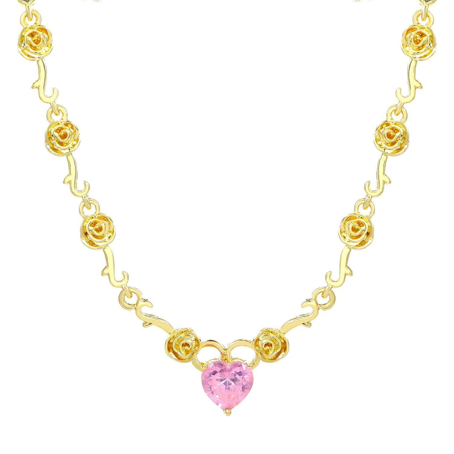 Rhinestone Love Rose Chain Necklace For Women - Mubimart
