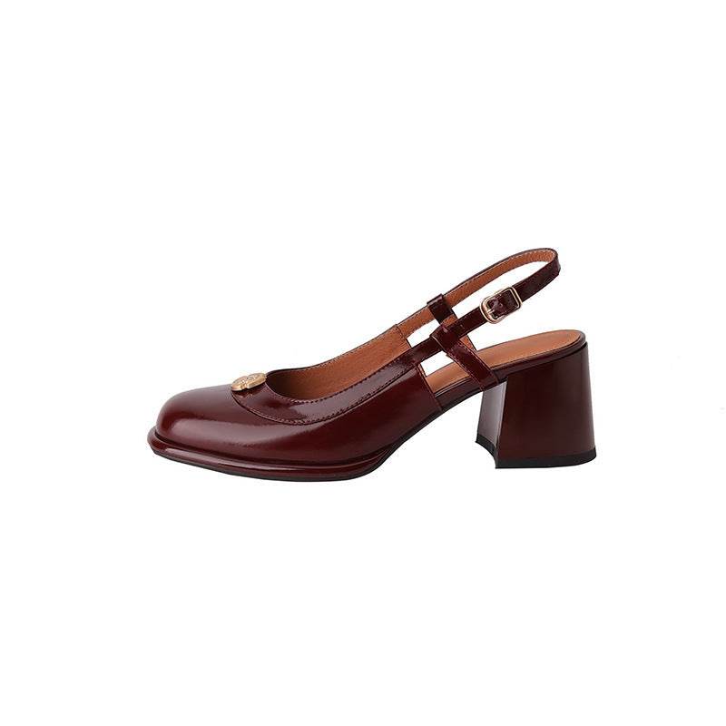 Thick High Heel Cowhide Toe Cap Slingback Sandals Women - Mubimart