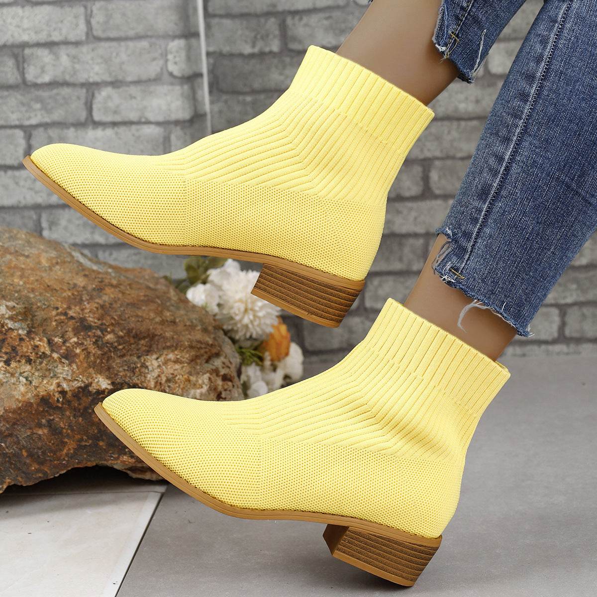 Chunky Heel Pointed Toe Ankle Boots Fashion Breathable Mid-tube Knitted Socks Shoes For Women Short Boot - Mubimart