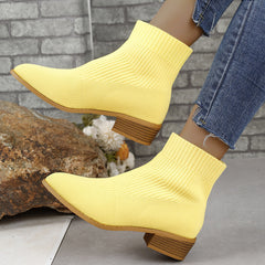 Chunky Heel Pointed Toe Ankle Boots Fashion Breathable Mid-tube Knitted Socks Shoes For Women Short Boot