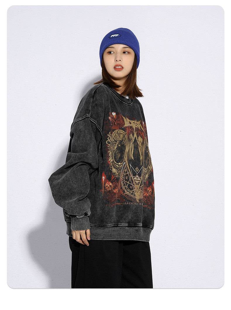 High Street Round Neck Sweater Mens Tide Brand Retro Wash Old Dark Print Loose - Mubimart