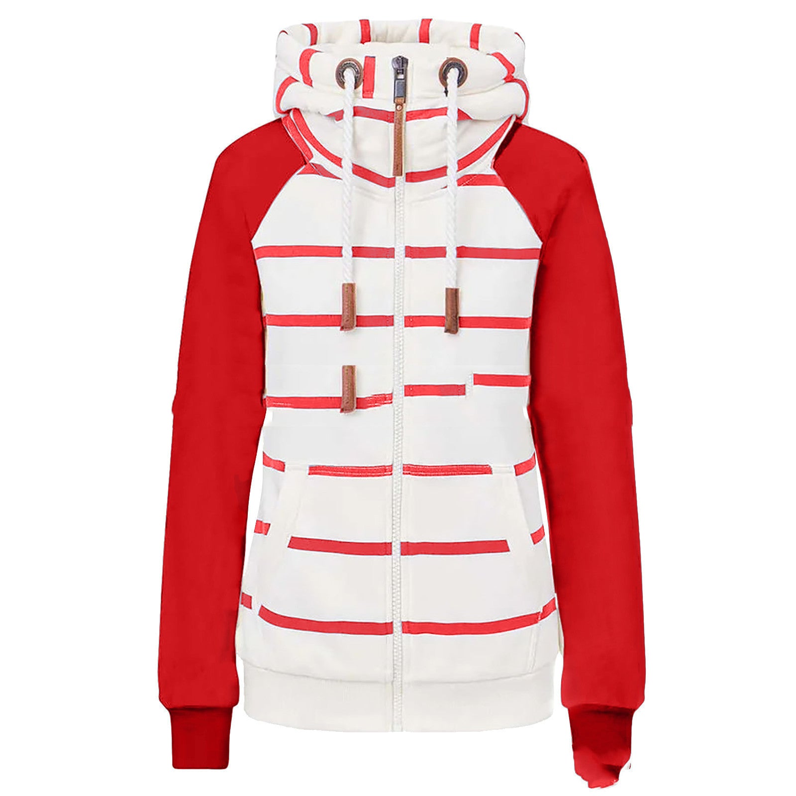 Ladies Striped Zipper Contrast Polyester Hoodie