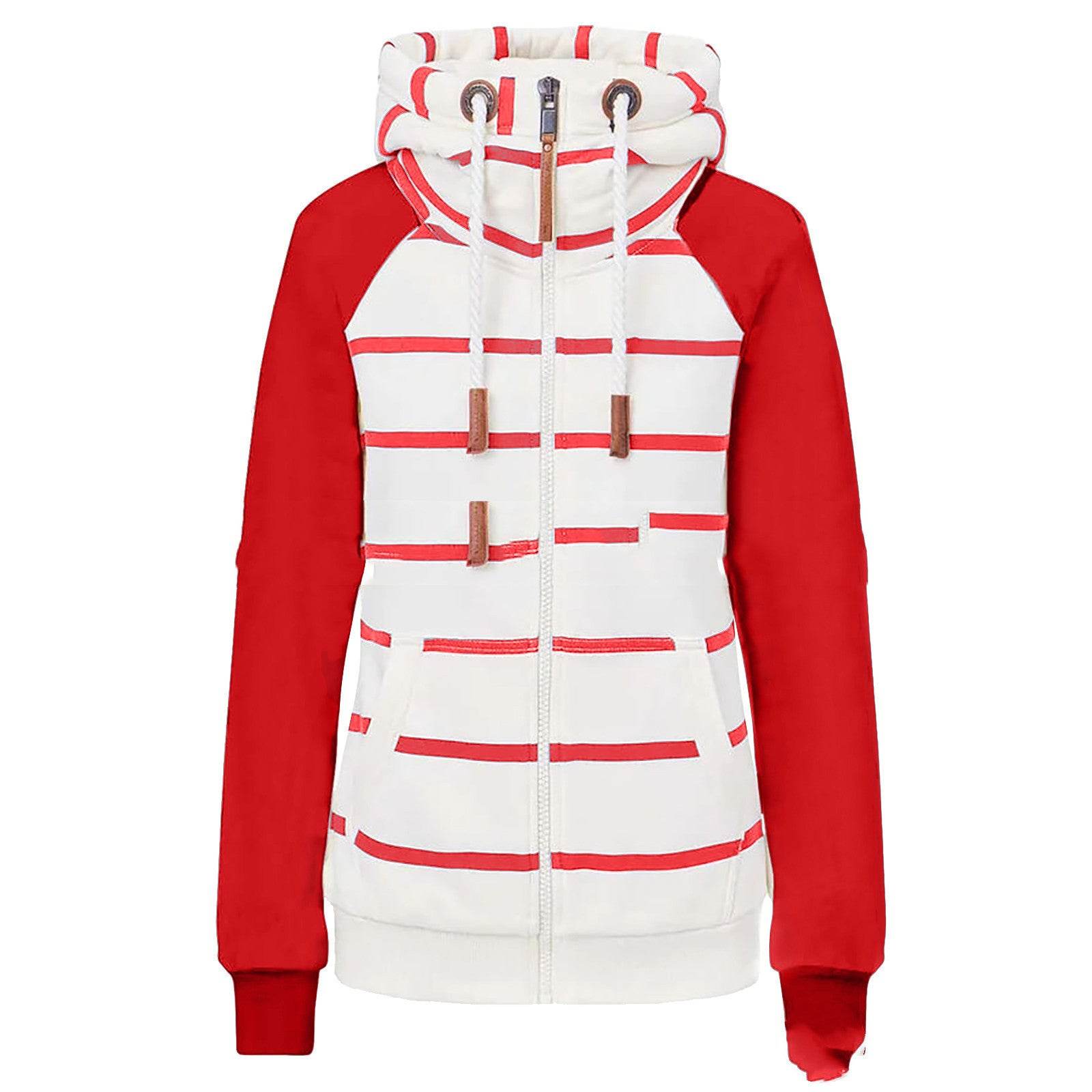 Ladies Striped Zipper Contrast Polyester Hoodie - Mubimart
