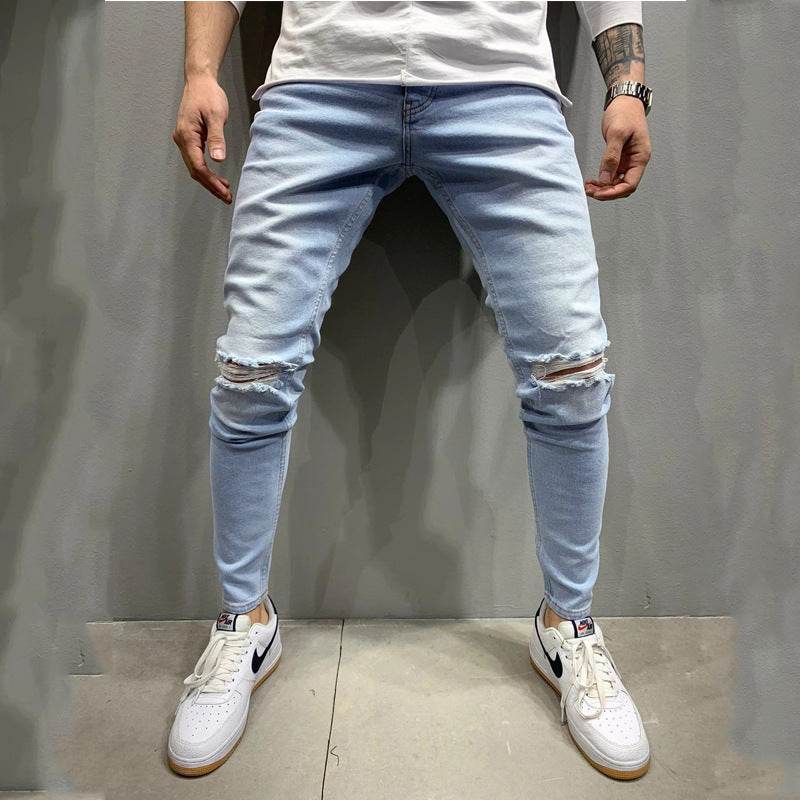 Fashion Light Blue Ripped Slim Fit Jeans - Mubimart