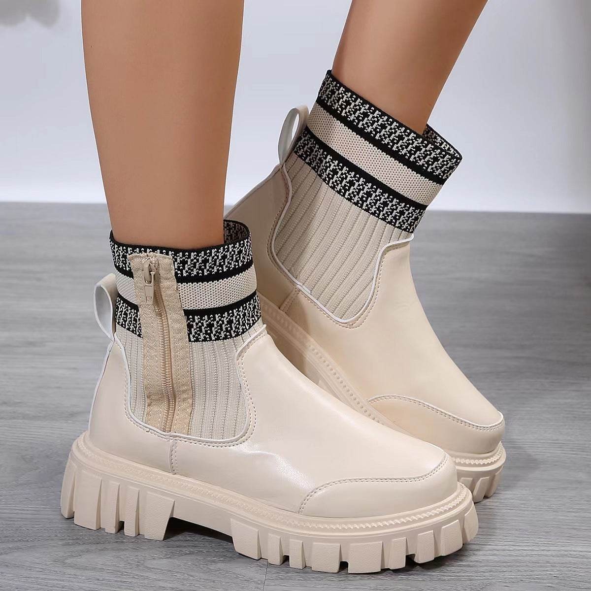 Fashion Mid-tube Boots With Zipper Design Non-slip Thick Sole Elastic Knitted Patchwork Boots For Women Round Toe Shoes Winter - Mubimart